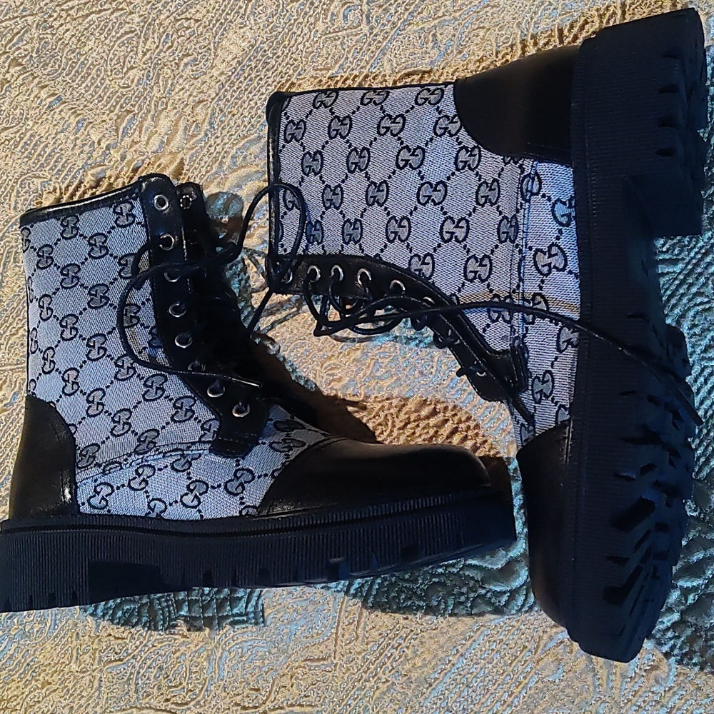 NIB Luxury Designer Double G print Combat lace up boots size 7 Inspired - Picture 8 of 10